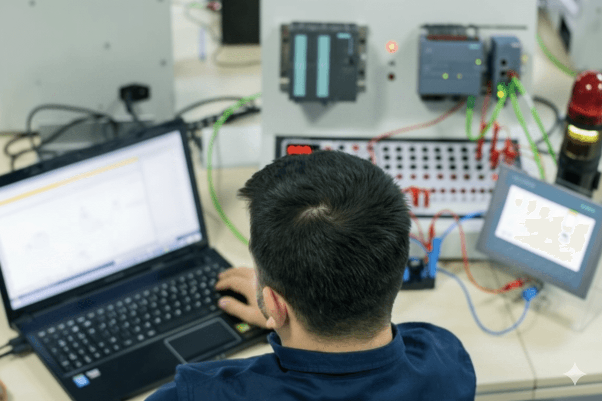 Technician programming and testing HMI systems with diagnostic equipment and PLC modules